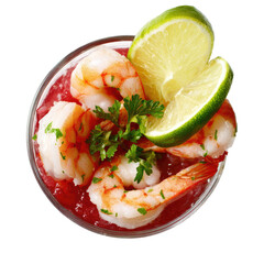 Shrimp cocktail, tomato sauce, lime wedge and parsley from above