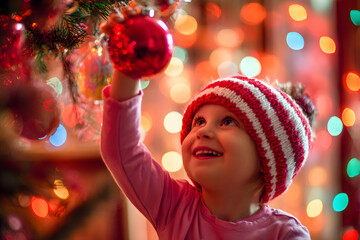 Joyful child wearing a striped beanie, reaching for a red ornament while beaming with delight in front of a beautifully lit Christmas tree adorned with colorful lights.