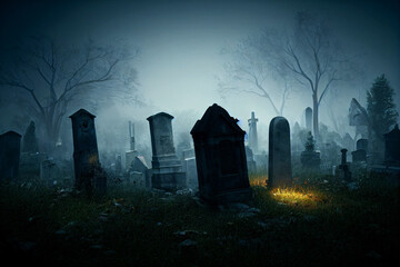 Spooky Halloween Graveyard at Night with Mysterious Fog and Glowing Light, Creepy Horror Cemetery Scene in Gloomy Atmospheric Setting
