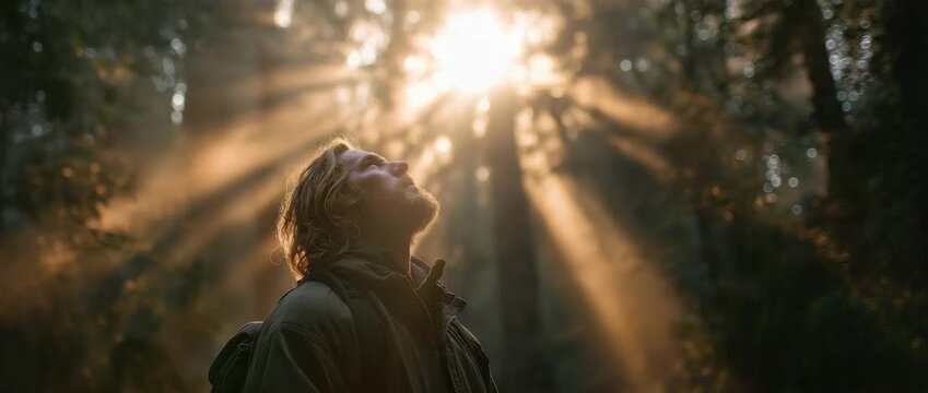 A guy in a woodland, breathing deeply and admiring the magnificent sunlight
