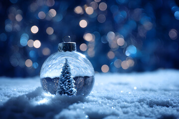 Magical ornament capturing a miniature snow-covered tree within, resting in soft snow and surrounded by a backdrop of shimmering bokeh lights, evoking the enchantment of the holiday season.