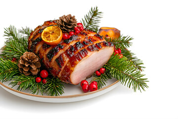 Glazed Christmas Ham with Festive Garnish of Pine Branches, Cranberries, and Orange Slices Isolated on a White Background