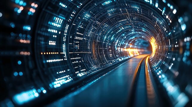 A digital abstract tunnel with glowing blue and orange lights, resembling data streams and circuitry, with a track leading into the distance. Futuristic, techno