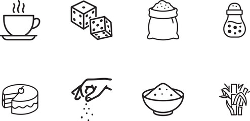 Sugar Sweetener Baking Ingredient and Spice Line Icons Set Including Coffee Cake Dice and Sugarcane Outline Vector