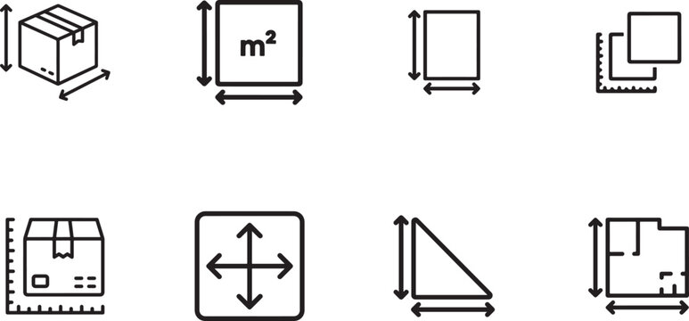 Measurement and Dimension Icons Set Logistics Packaging Area Floor Plan and Sizing Symbols Outline Style Black Line Vector