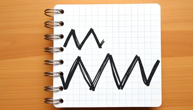 Black marker zigzag lines drawn on graph paper in a spiral-bound notebook, placed on a wooden surface. The top line is smaller with three peaks, while the bottom line is bolder with five peaks, sugges