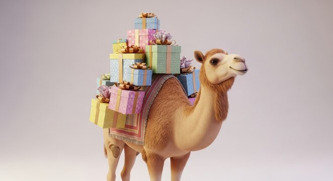 Festive camel carrying stack of colorful gift boxes. Holiday shopping and celebration concept.