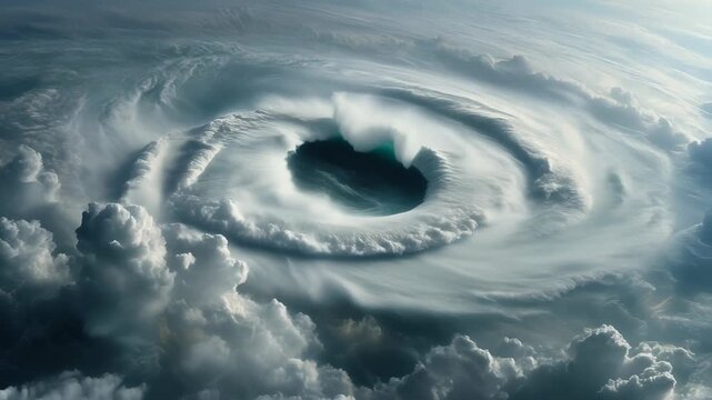 Stunning aerial view of swirling clouds and a mysterious vortex in the sky, showcasing nature's beauty and power.