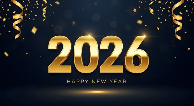 Elegant golden 2026 new year celebration background with confetti