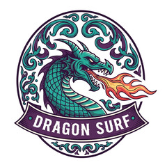 Vintage green dragon breathing fire mascot logo illustration.