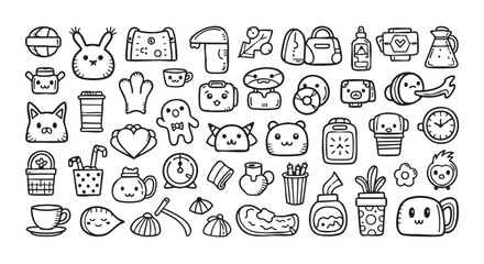Doodle Art Seamless Pattern With Cute Objects And Kawaii Faces