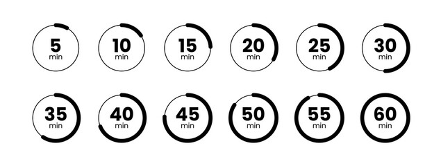 Timer, clock, stopwatch isolated set icons from 5, 10, 15, 20, 25, 30, 35, 40, 45, 50, 55, 60 Minutes. Countdown timer symbol icon set. Label cooking time. Vector illustration