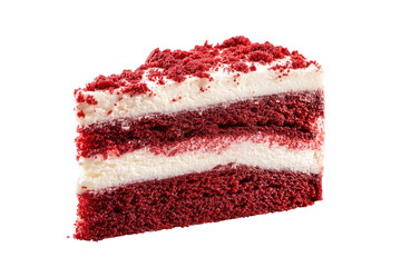 Red velvet cake slice, layered with white frosting, on dark backdrop
