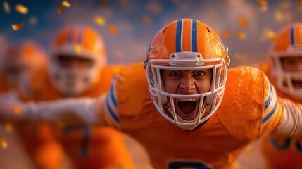 Intense American football player roars with victory, confetti falling, capturing raw emotion and team triumph on game day