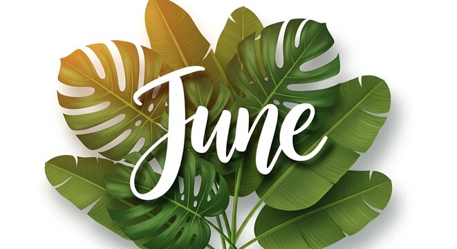 The word June in cursive script over a bed of lush green tropical leaves like monstera and banana, creating a summer concept - Powered by Adobe