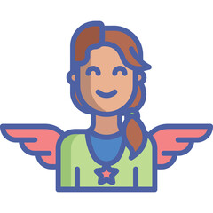 Joyful Cartoon Angel Character with Brown Hair Red Wings and Green Outfit Featuring a Star Emblem on Transparent Background
