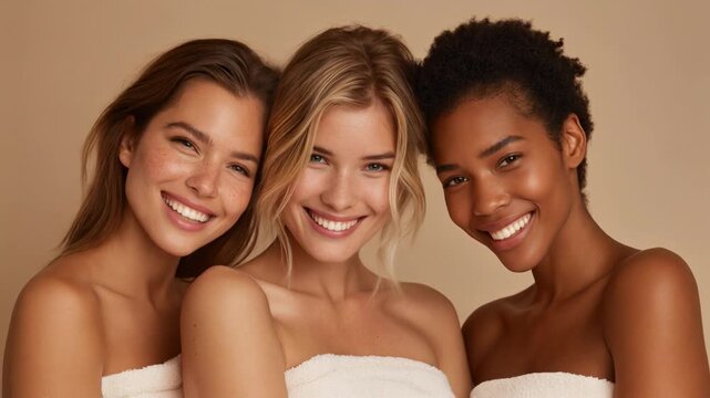 Diverse group of young women smiling with radiant skin in soft light, perfect for beauty and lifestyle themes