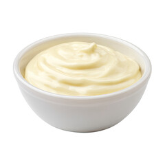 White bowl with a creamy, smooth, light-yellow dip against black