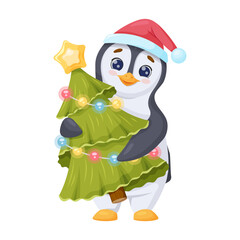 festive cartoon penguin in santa hat smiling with christmas tree.