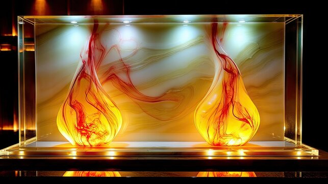 Two abstract glass sculptures with internal red and yellow fiery swirls, displayed inside a lit glass case against a marbled background.