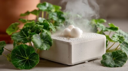 A macro still life featuring a porous stone product display podium covered in fine water droplets and rising mist, surrounded by vibrant green leaves glistening with dew, creating 