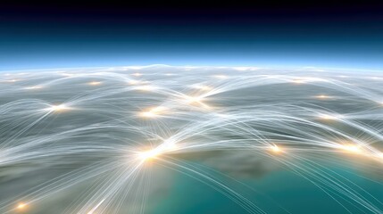 Abstract visualization of global data networks and connections, depicted as glowing light trails spreading across the Earth's surface from illuminated points, s