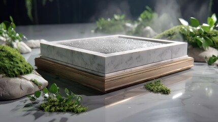 A stunning close-up shot of a white marble and stacked gold geometric display podium surrounded by lush green moss, natural rocks, and mystical rising mist on a reflective gray sto