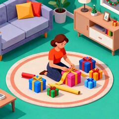 Isometric illustration of a woman sitting on a rug in a modern living room, carefully wrapping colorful holiday presents for Christmas