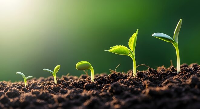 Seedling growth stages in soil with sunlight representing progress and development