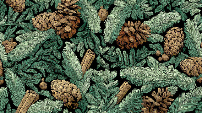 Vintage Engraving Seamless Pattern of Pine Cones, Cinnamon Sticks, and Christmas Fir Branches on Black Background - Powered by Adobe