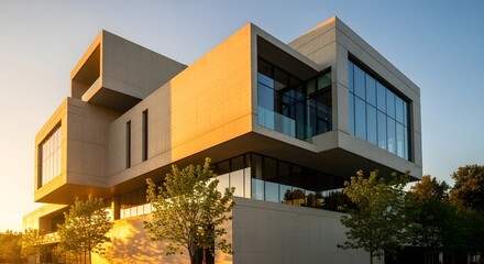 Obraz premium Exterior of a sleek, modern commercial building with large glass windows bathed in the warm, golden glow of a picturesque sunset or sunrise