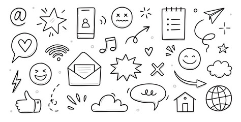 Emoji media hand drawn doodle icon set. Internet conversation, media outline tech emoji, star, arrow shape. Hand drawn sketch chat emoticon, digital cloud, smile face elements. Vector illustration