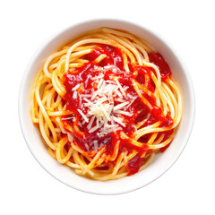 Spaghetti bowl pasta, red sauce, grated cheese, white bowl, overhead