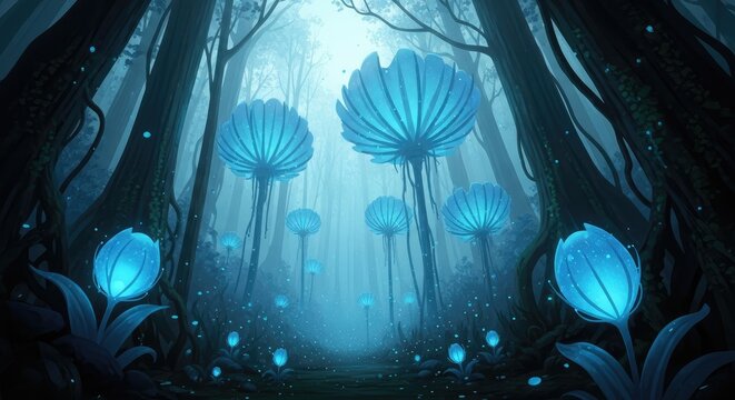 Illustration of a mystical forest with glowing blue plants and trees - Powered by Adobe
