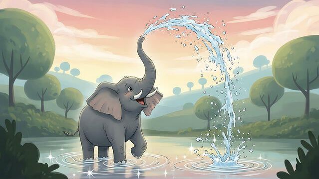 A joyful cartoon baby elephant splashes water with its trunk in a serene river at sunset.