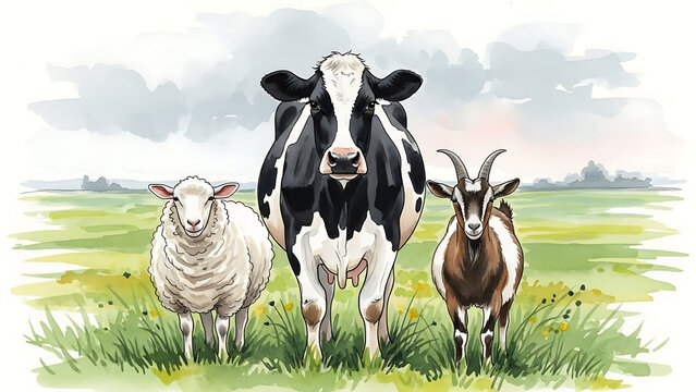 Watercolor illustration of a cow, a sheep, and a goat standing together in a green pasture.