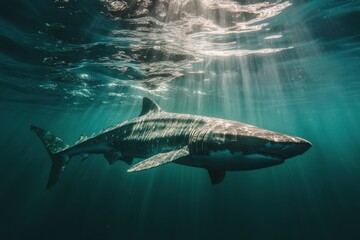 Obraz premium Majestic Shark Gliding Through Crystal Clear Ocean Water Beams