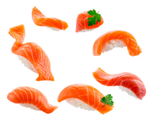 salmon sushi floating clipping path isolated on transparent png