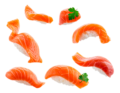 salmon sushi floating clipping path isolated on transparent png