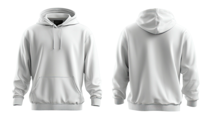 Front/back views of a blank white hoodie, strings, hood