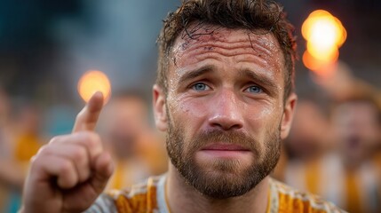 Sweaty, emotional soccer player with intense blue eyes looks upwards, pointing finger, with crowd and flares blurred in background
