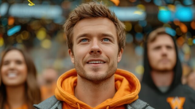 Young man beaming with joy amidst confetti celebration, embodying excitement and triumph at an event or game, feeling hopeful and inspired