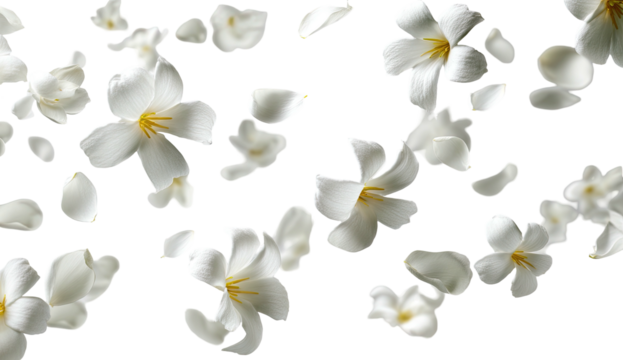 White flowers & petals float on black backdrop. Soft, elegant, serene.