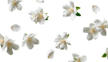 Floating jasmine blooms and petals on a stark black background