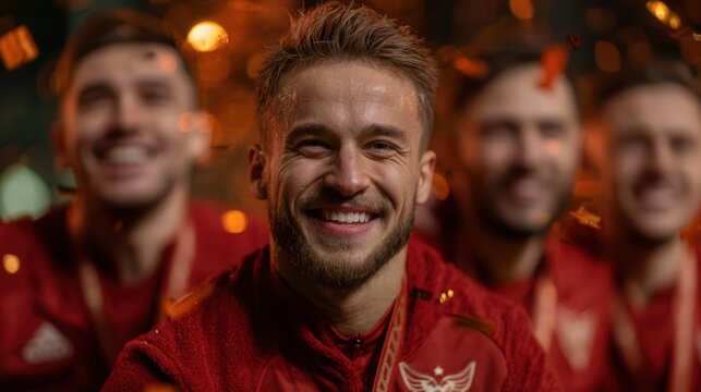 Joyful soccer team celebrating victory with confetti showering down, pure elation and triumph evident