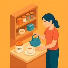 Woman Preparing Tea Cozy Kitchen Scene with Kettle, Cup, Sugar and Shelves