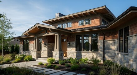 Obraz premium Luxurious modern craftsman-style home bathed in sunlight, showcasing intricate architectural details and natural material textures