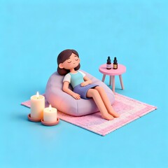 Relaxing Moment Woman Meditating with Aromatherapy on Soft Blue Background