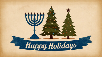 Happy Holidays Greeting Card with Christmas Trees and Menorah in Retro Style