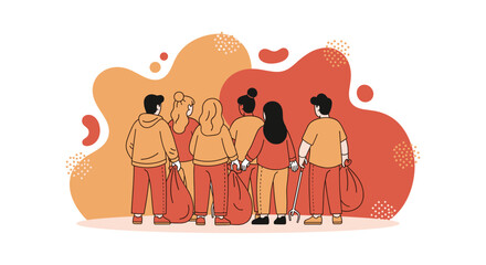 A diverse group of volunteers, united in purpose, gathers to clean up a community space, promoting environmental responsibility and teamwork.